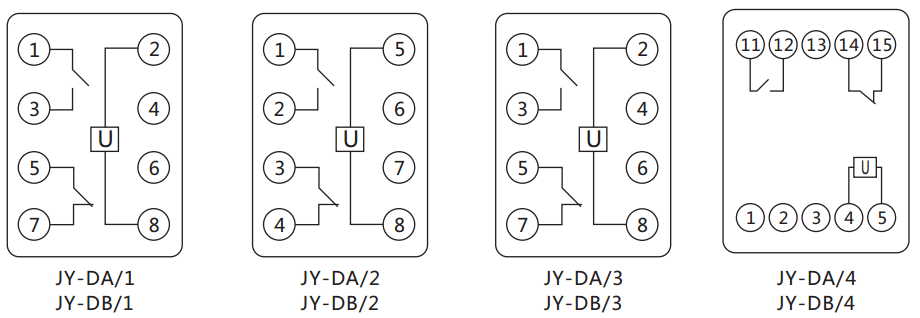JY-DA/2集成電路直流電壓繼電器內(nèi)部接線(xiàn)圖及外引接線(xiàn)圖（正視圖）