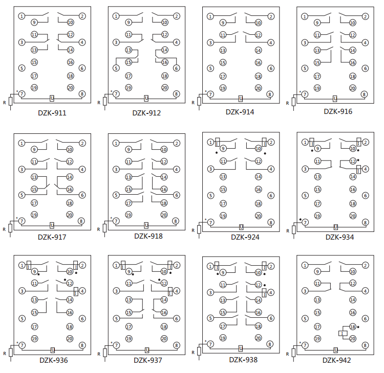 DZK-942快速中間繼電器內(nèi)線接線及外引接線圖(正視圖) DZK-942快速中間繼電器內(nèi)線接線及外引接線圖(正視圖)